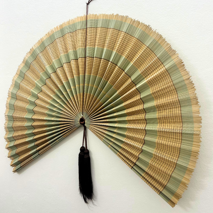 Olive Green Stripe Bamboo Wall Fan (40in) Vietnamese Woven Art Decor