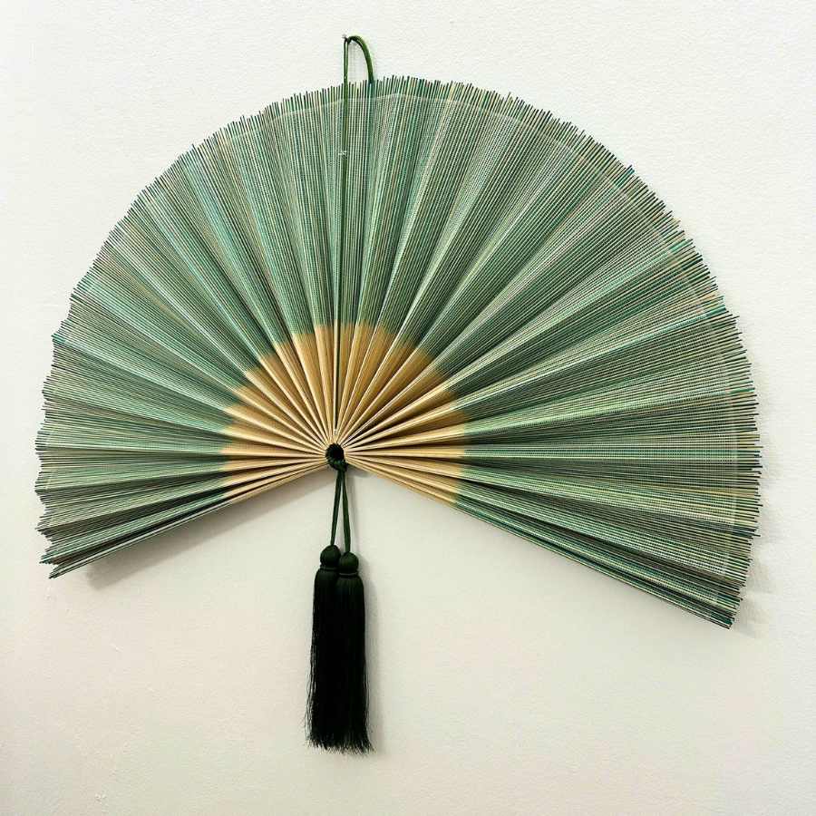 Green Handwoven Bamboo Wall Fan Boho Headboard Art & Christmas Gift