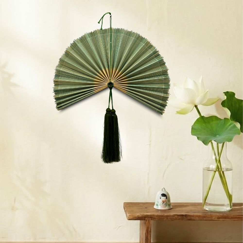 Green Bamboo Wall Fan Wall Decor, Summer Boho Wall Art, Woven Fan Headboard, Handmade Hanging Gift Idea