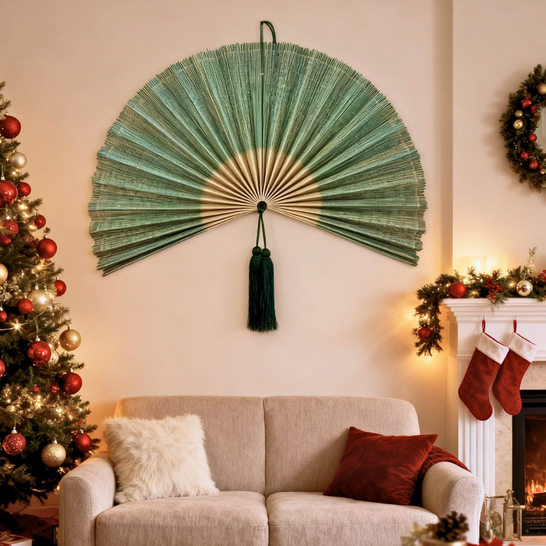 Large Oversized Green Bamboo Folding Fan Wall Decor with Tassel, Boho Woven Wall Hanging, Statement Headboard & Home Decor Accent