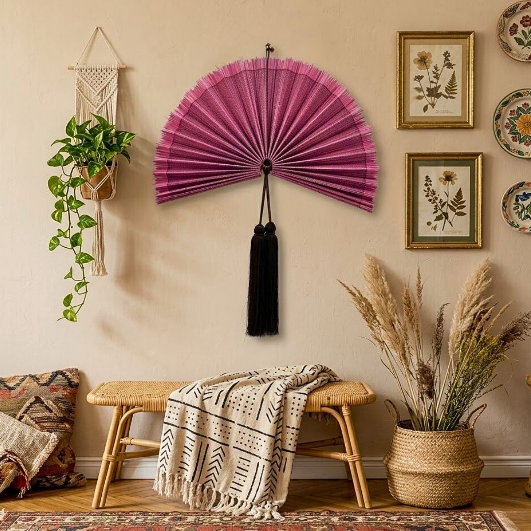 Handmade Wall Fan, Bamboo Wall Fan, Vintage Boho Hanging Fan, Colorful Wall Fan Decor, Handmade Birthday Gift