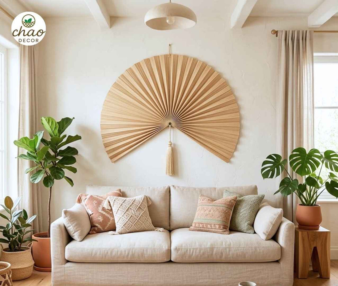 Hanging Bamboo Fan, Handmade Bamboo Wall Decor for Living Room, Bedroom & Entryway