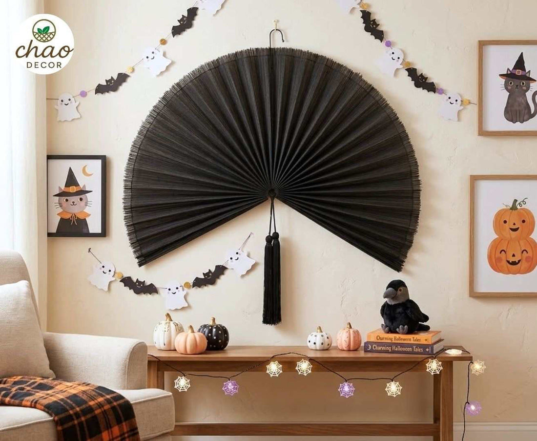 Large Bamboo Fan Halloween Decor: Natural Gothic Boho Ideas