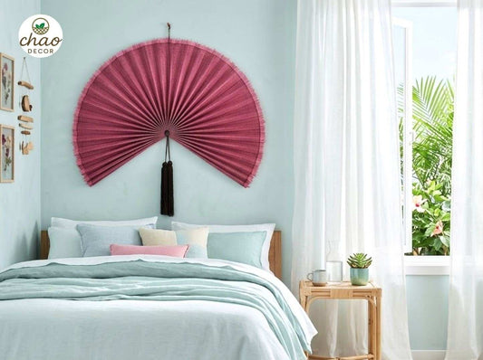 Oversized Pink Bamboo Wall Fan for Boho, Japandi & Scandinavian Homes