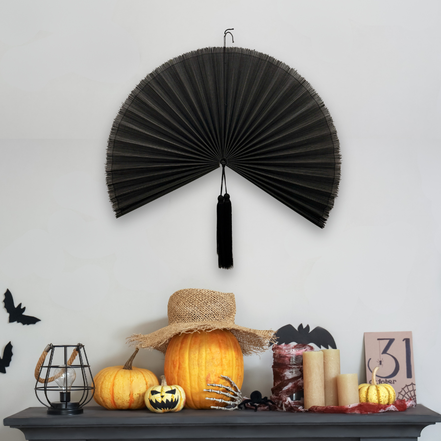 Black Bamboo Wall Fan Decor, Gothic Boho Halloween Wall Art, Dark Bohemian Home Decor & Statement Accent