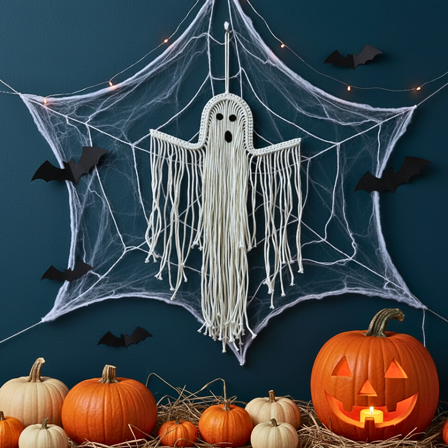 Handmade Macrame Ghost Wall Hanging - Boho Halloween Decor