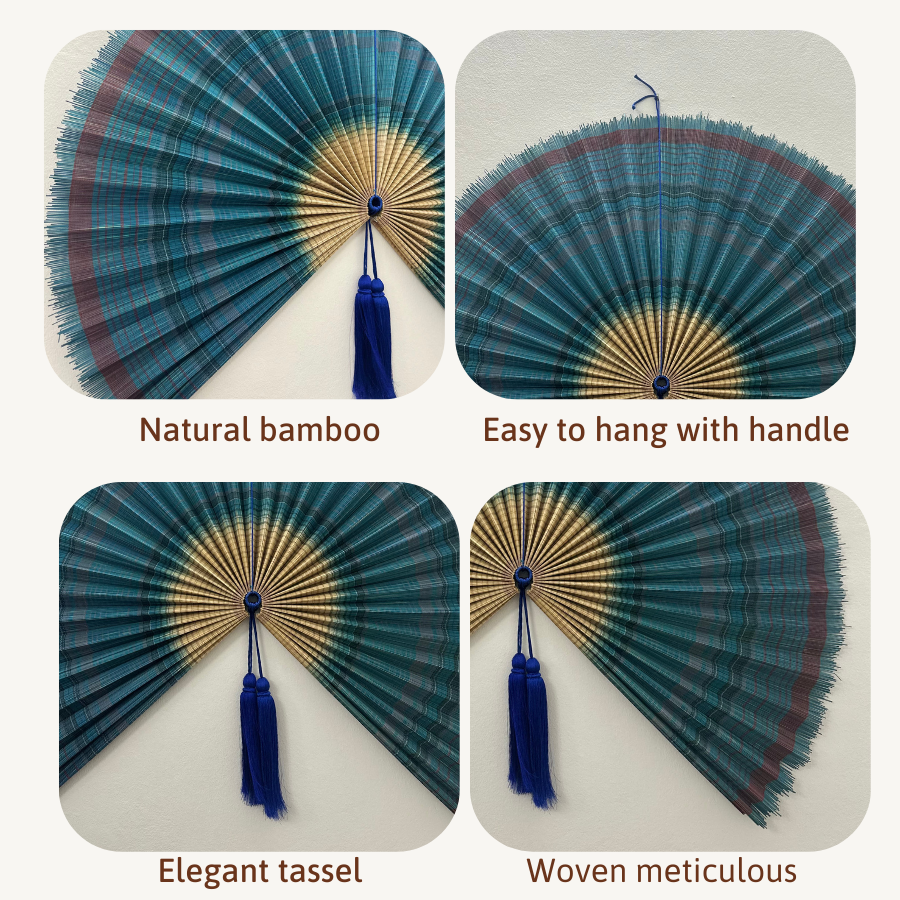 Handmade Ocean Blue Bamboo Wall Fan (40in) Coastal Boho Christmas Decor