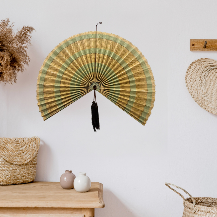 Olive Green Stripe Bamboo Wall Fan (40in) Vietnamese Woven Art Decor