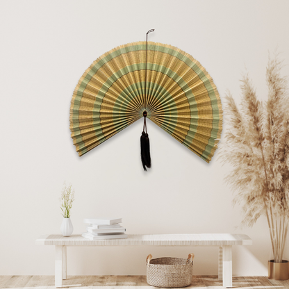 Olive Green Stripe Bamboo Wall Fan (40in) Vietnamese Woven Art Decor