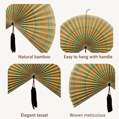 Olive Green Stripe Bamboo Wall Fan (40in) Vietnamese Woven Art Decor
