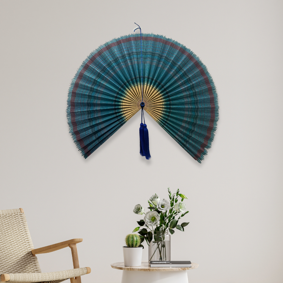Handmade Ocean Blue Bamboo Wall Fan (40in) Coastal Boho Christmas Decor