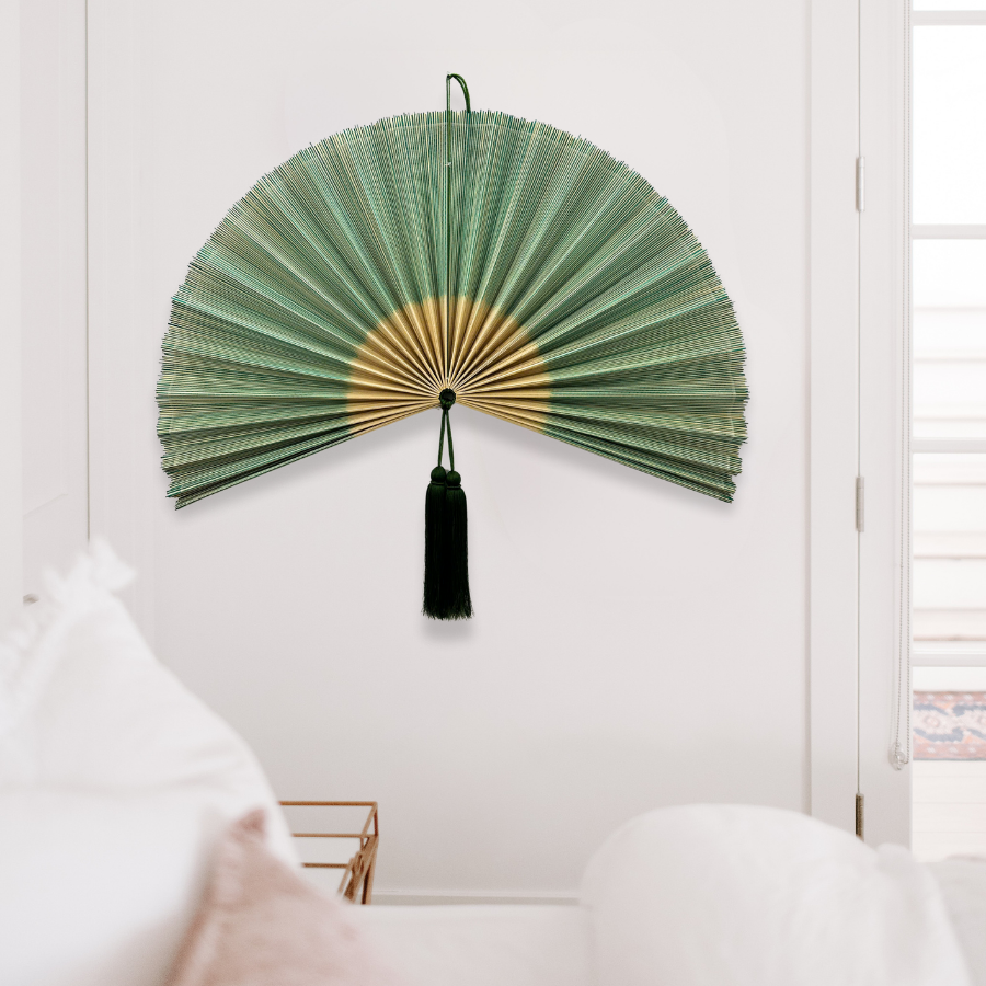 Green Handwoven Bamboo Wall Fan Boho Headboard Art & Christmas Gift