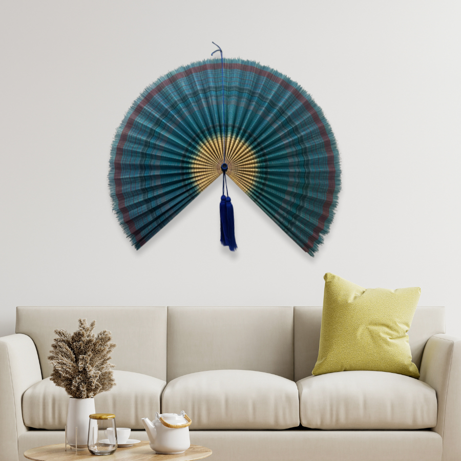 Handmade Ocean Blue Bamboo Wall Fan (40in) Coastal Boho Christmas Decor