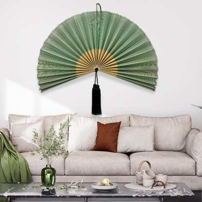 Green Handwoven Bamboo Wall Fan Boho Headboard Art & Christmas Gift