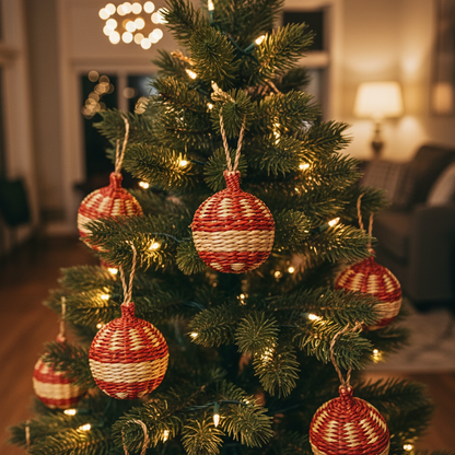Set of 4,6, 8 Handwoven Seagrass Christmas Ornaments Boho Mexican Xmas Decor