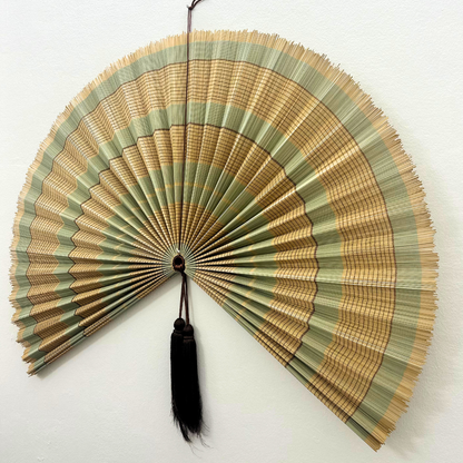 Olive Green Stripe Bamboo Wall Fan (40in) Vietnamese Woven Art Decor