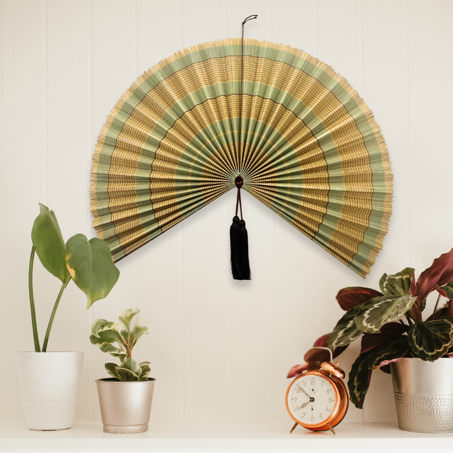 Olive Green Stripe Bamboo Wall Fan (40in) Vietnamese Woven Art Decor