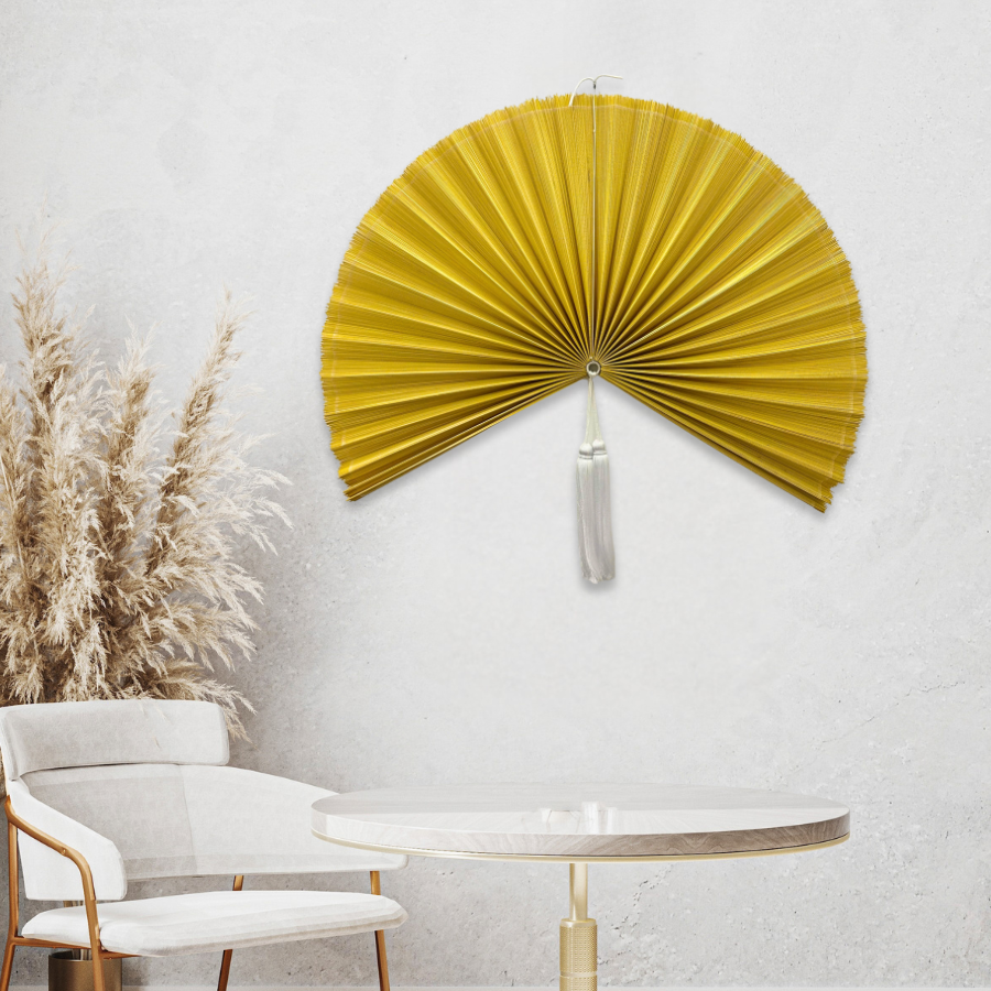 Handwoven Bamboo Wall Fan (40in) Golden Yellow Boho Holiday Decor