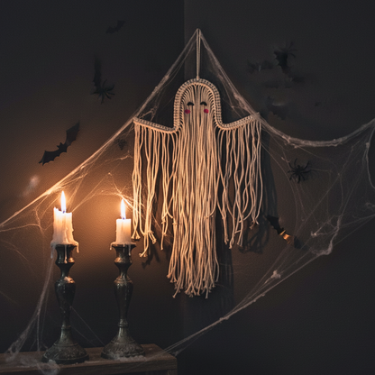 Handmade Macrame Ghost Wall Hanging - Boho Gothic Halloween Decor