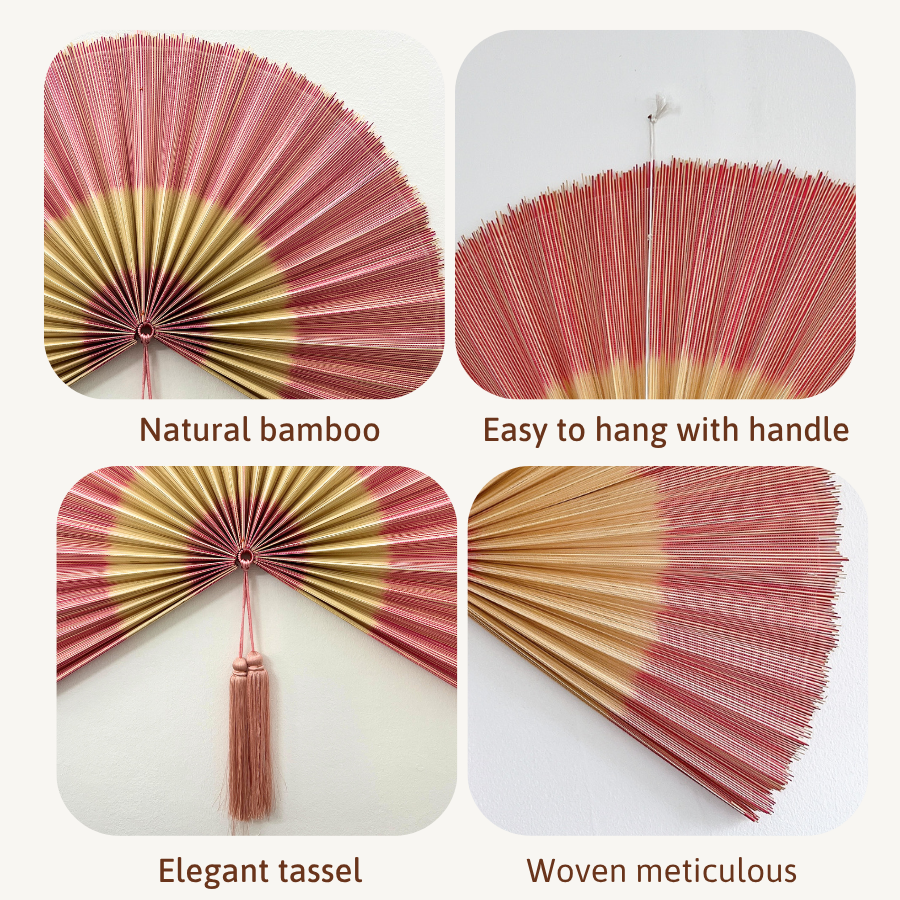 Natural Pink Handwoven Bamboo Wall Fan Boho Headboard Art & Christmas Decor