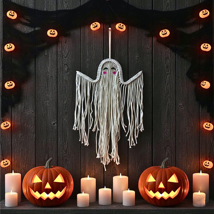 Handmade Macrame Ghost Wall Hanging - Boho Gothic Halloween Decor