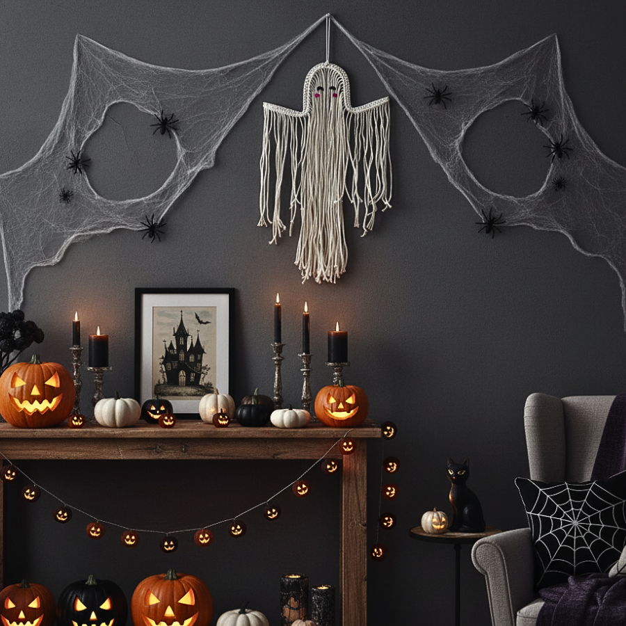 Handmade Macrame Ghost Wall Hanging - Boho Gothic Halloween Decor