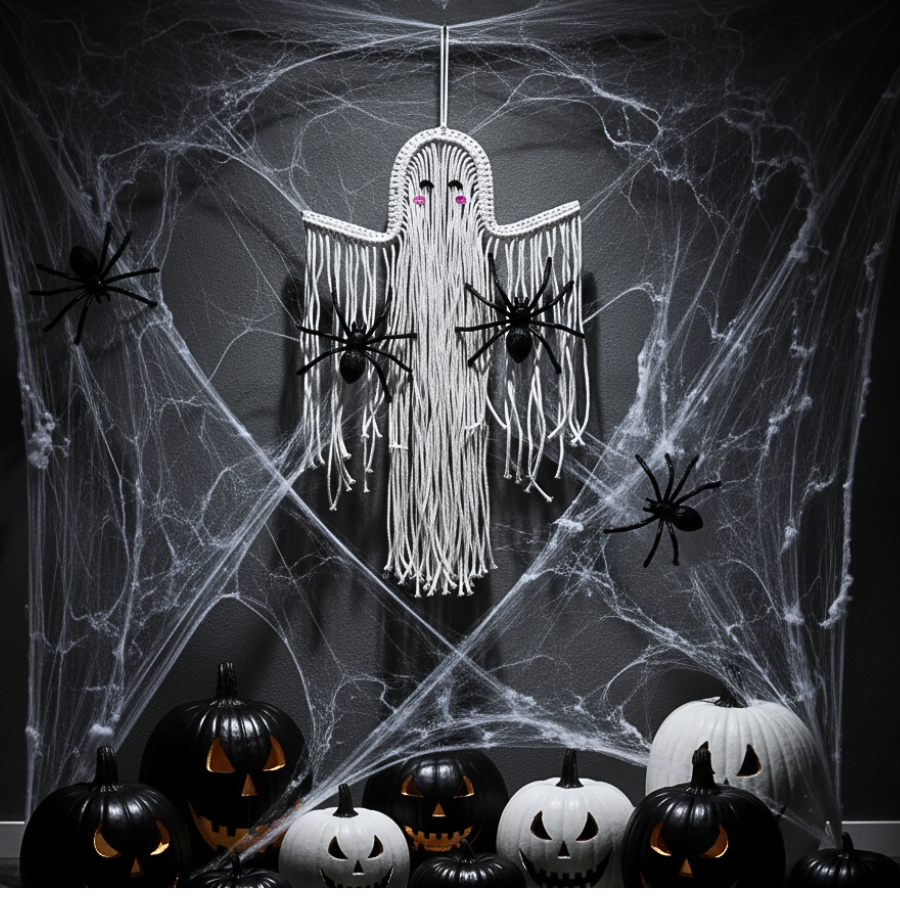 Handmade Macrame Ghost Wall Hanging - Boho Gothic Halloween Decor