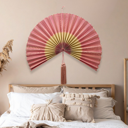 Natural Pink Handwoven Bamboo Wall Fan Boho Headboard Art & Christmas Decor