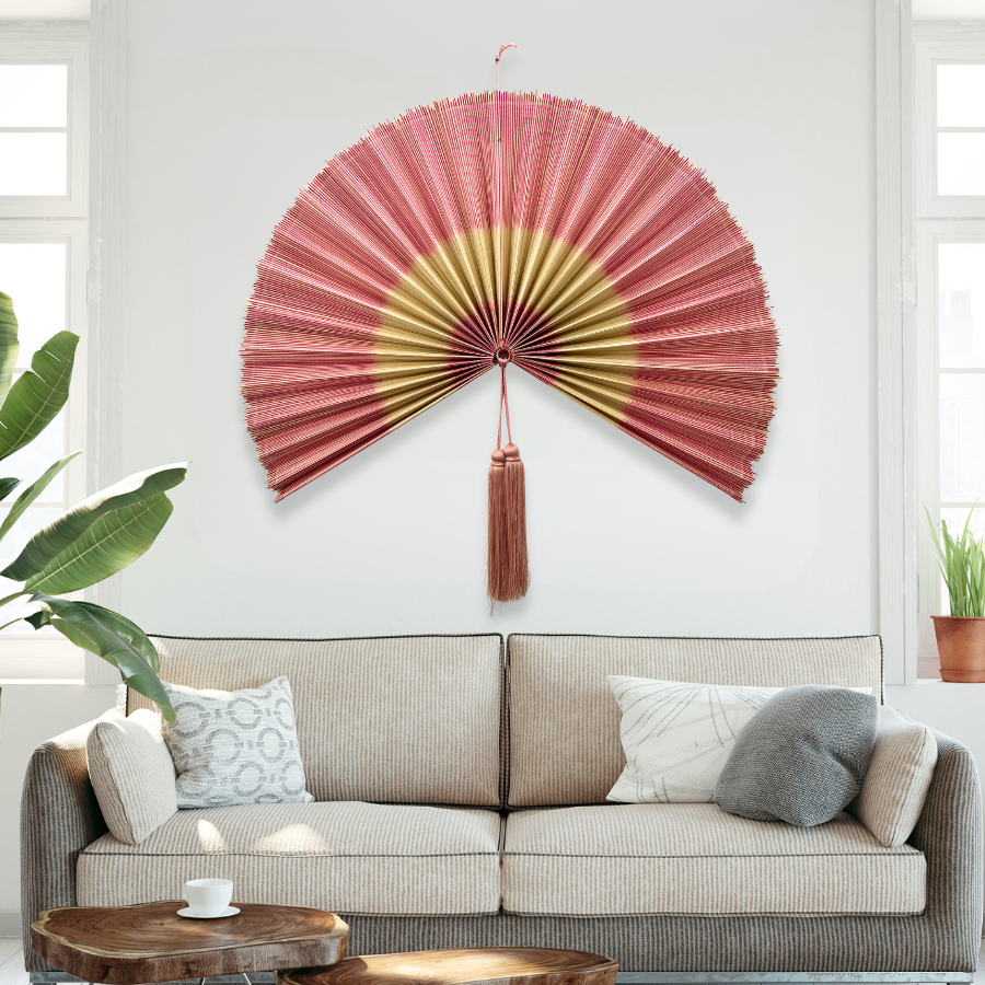 Natural Pink Handwoven Bamboo Wall Fan Boho Headboard Art & Christmas Decor