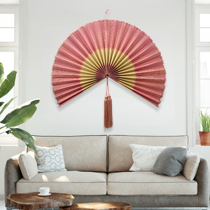 Natural Pink Handwoven Bamboo Wall Fan Boho Headboard Art & Christmas Decor
