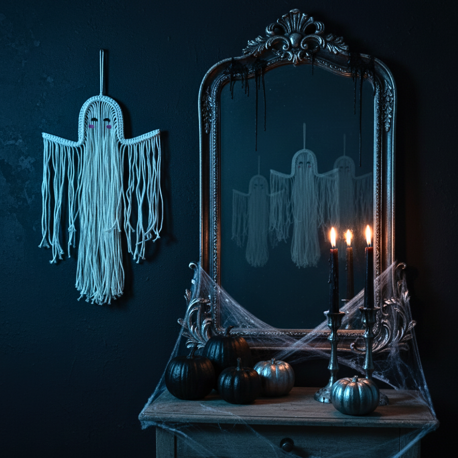 Handmade Macrame Ghost Wall Hanging - Boho Gothic Halloween Decor