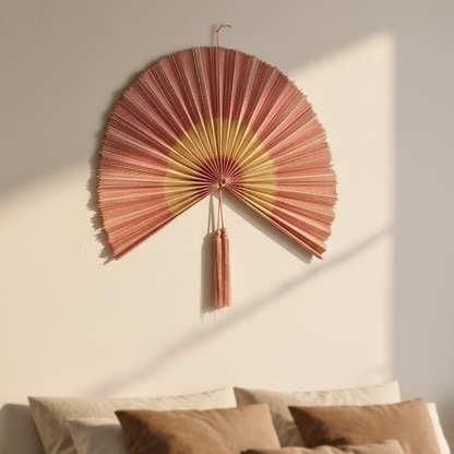 Natural Pink Handwoven Bamboo Wall Fan Boho Headboard Art & Christmas Decor