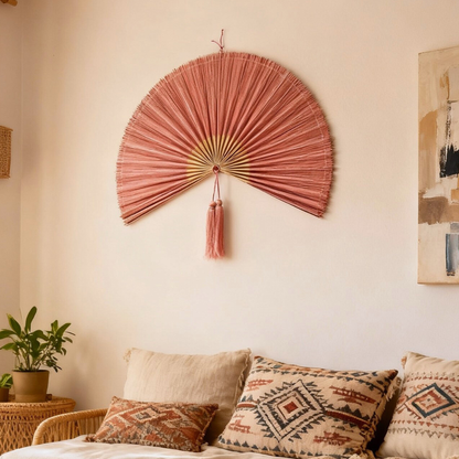 Pink Mix Handwoven Bamboo Fan Large Boho Wall Decor Gift