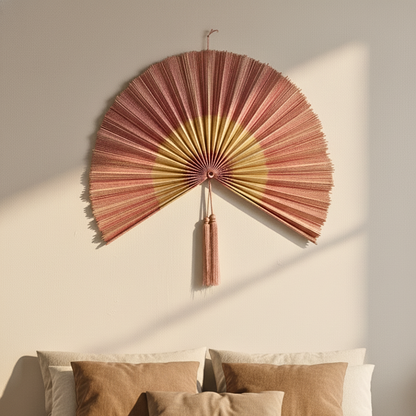 Natural Pink Handwoven Bamboo Wall Fan Boho Headboard Art & Christmas Decor