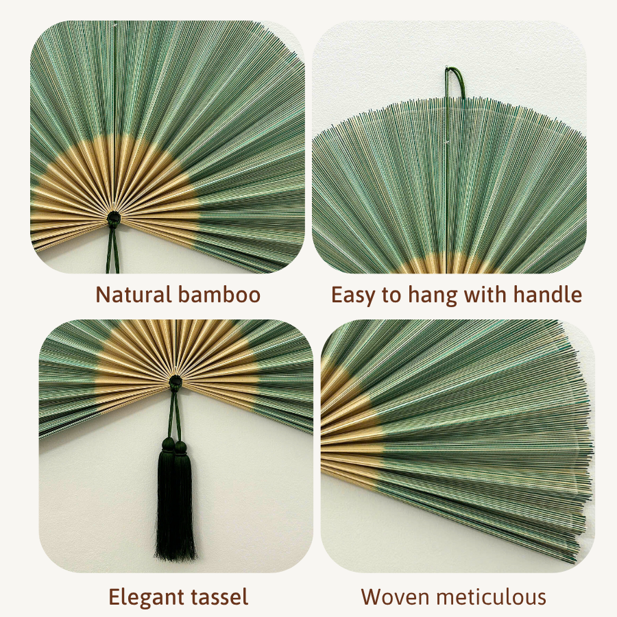 Green Handwoven Bamboo Wall Fan Boho Headboard Art & Christmas Gift