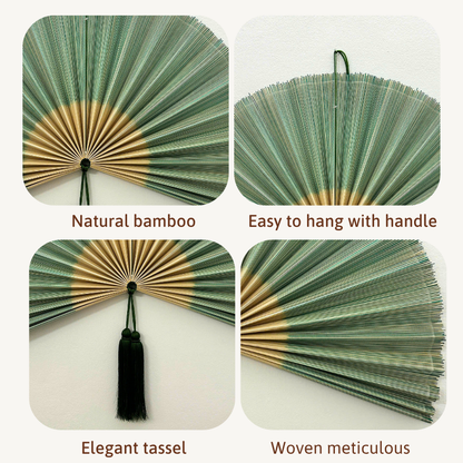 Green Handwoven Bamboo Wall Fan Boho Headboard Art & Christmas Gift