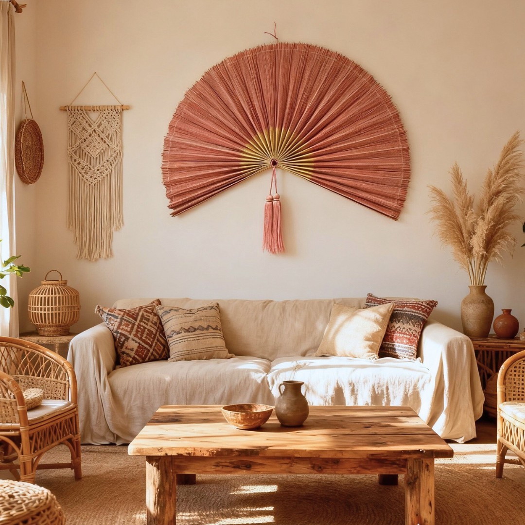 Pink Mix Handwoven Bamboo Fan Large Boho Wall Decor Gift