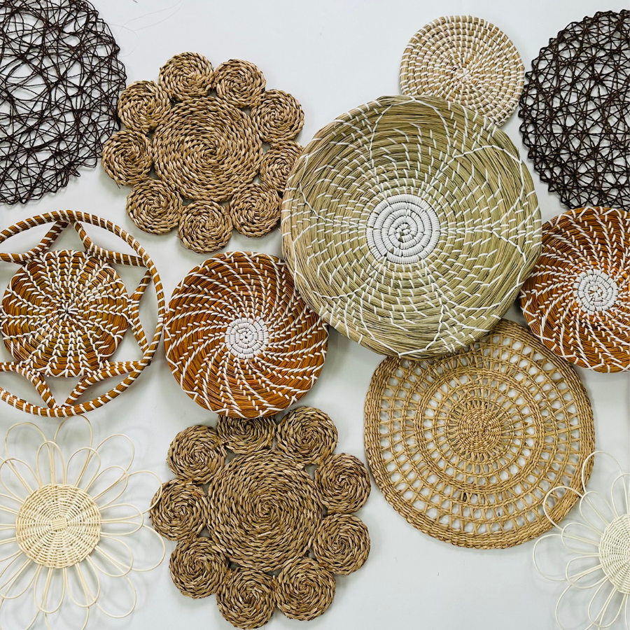 Handmade Woven Wall Basket Set: Boho Decor, Vietnamese Craft (17pcs), New Year Wall Decor