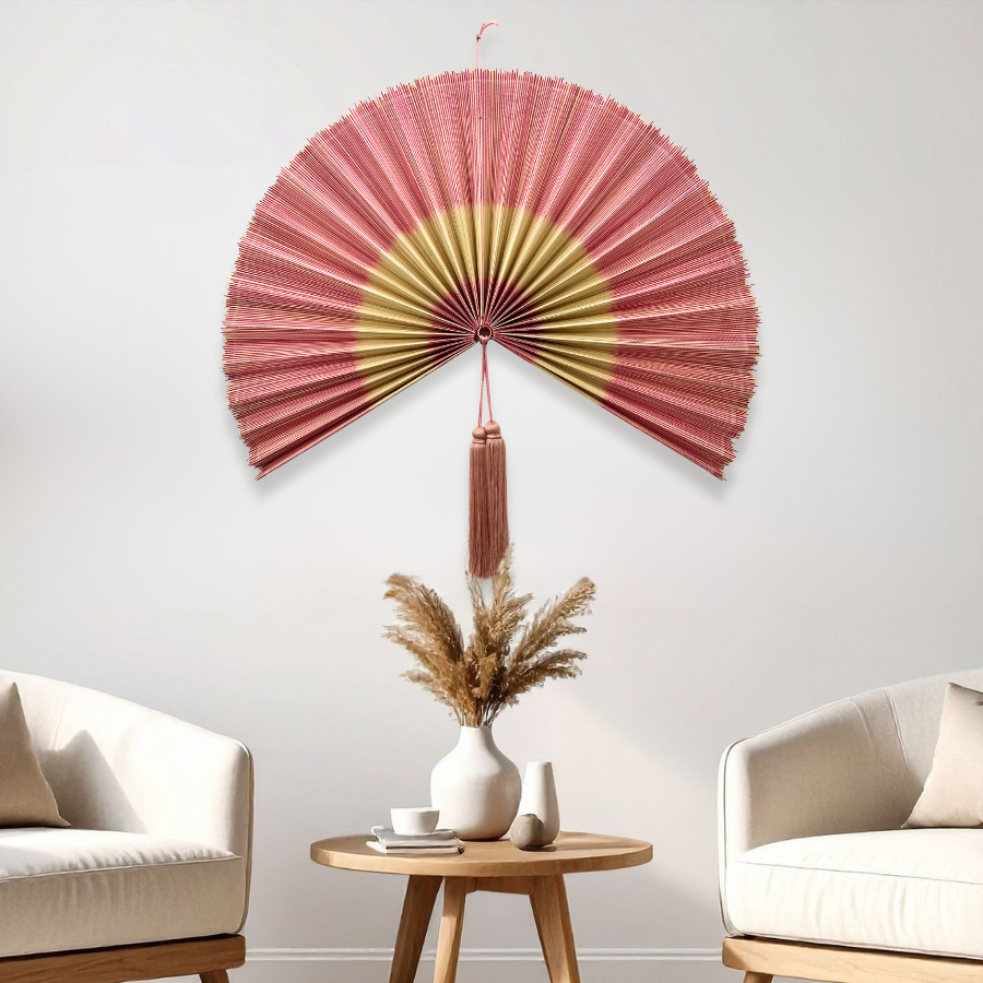 Natural Pink Handwoven Bamboo Wall Fan Boho Headboard Art & Christmas Decor