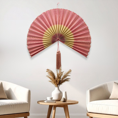 Natural Pink Handwoven Bamboo Wall Fan Boho Headboard Art & Christmas Decor