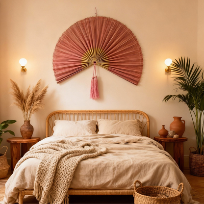 Pink Mix Handwoven Bamboo Fan Large Boho Wall Decor Gift
