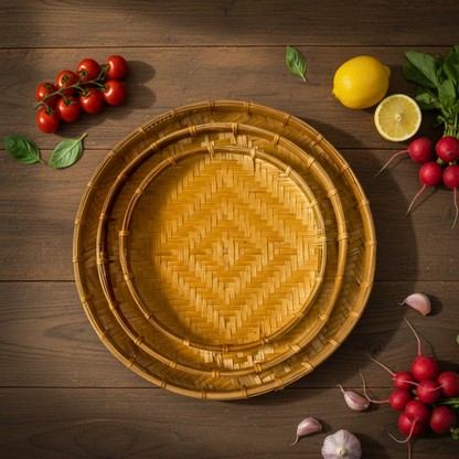 Natural Woven Bamboo Tray Set - Rustic Boho Home Decor