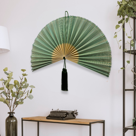 Green Handwoven Bamboo Wall Fan for Boho Headboard Wall Decor