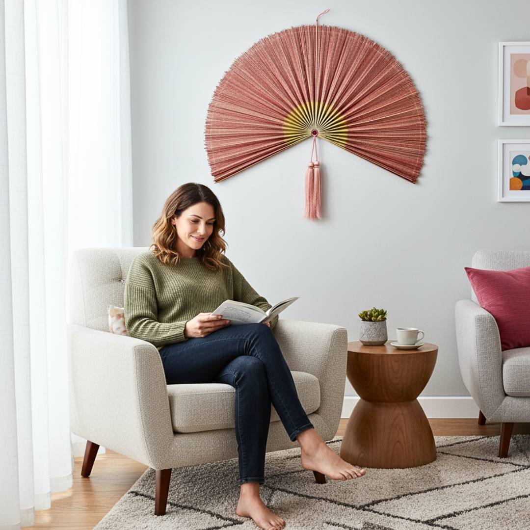 Pink Mix Handwoven Bamboo Fan Large Boho Wall Decor Gift