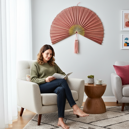 Pink Mix Handwoven Bamboo Fan Large Boho Wall Decor Gift