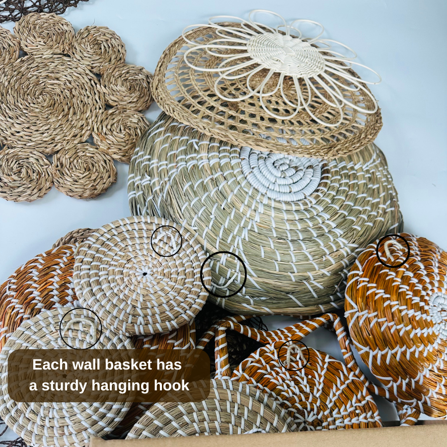 Handmade Woven Wall Basket Set: Boho Decor, Vietnamese Craft (17pcs), New Year Wall Decor