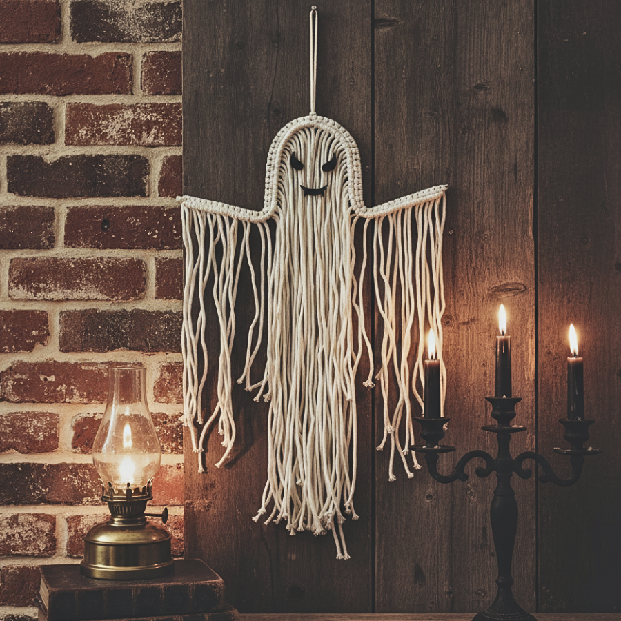 Boho Gothic Macrame Ghost - Handmade Halloween Wall Art Gift