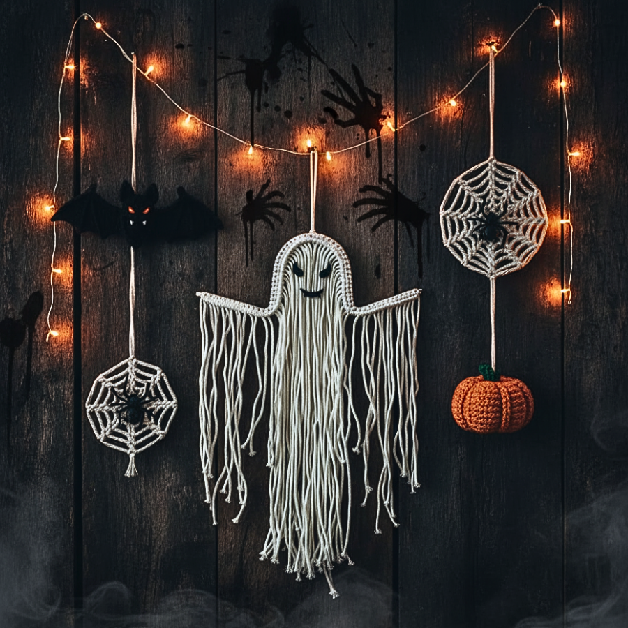 Boho Gothic Macrame Ghost - Handmade Halloween Wall Art Gift