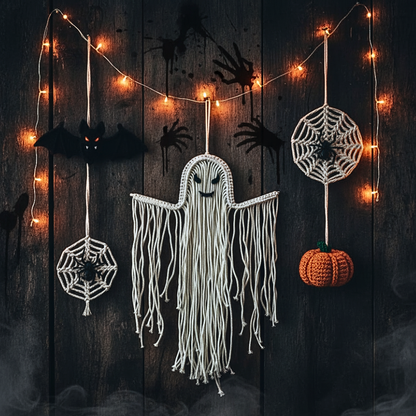 Boho Gothic Macrame Ghost - Handmade Halloween Wall Art Gift