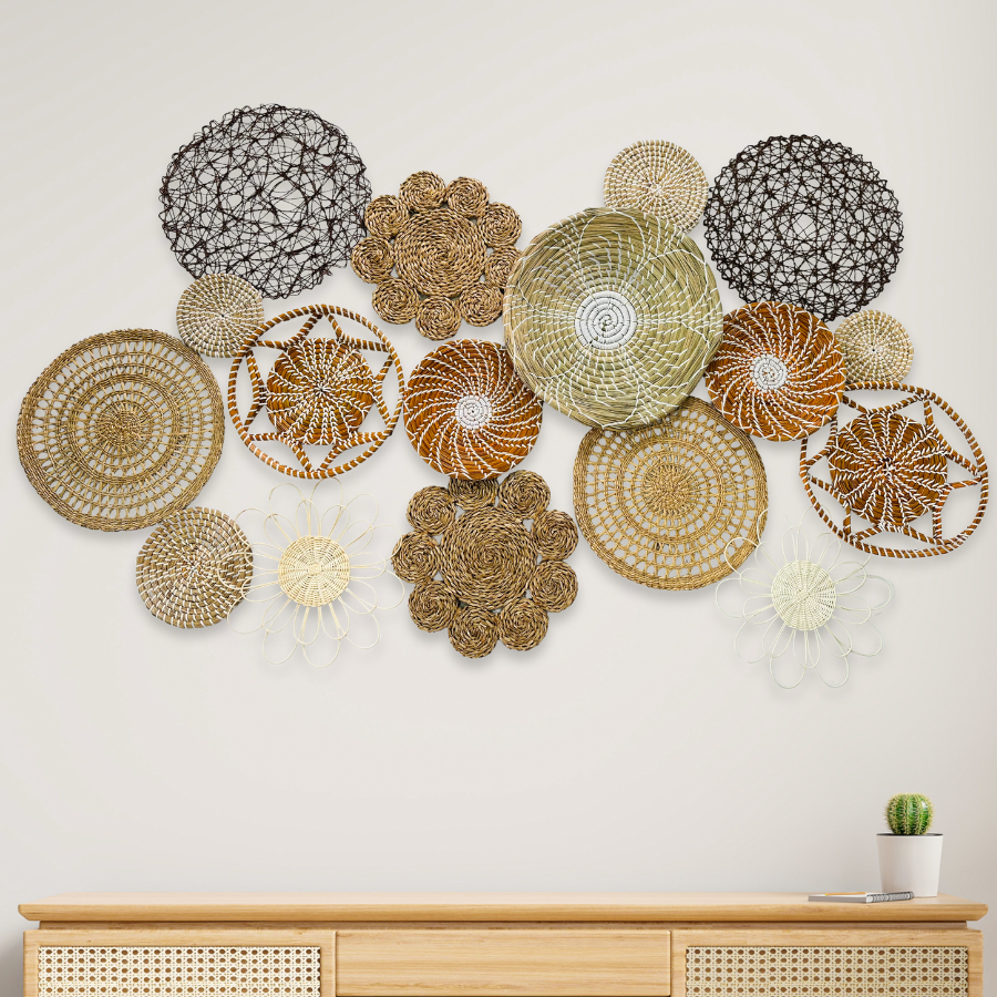 Handmade Woven Wall Basket Set: Boho Decor, Vietnamese Craft (17pcs), New Year Wall Decor